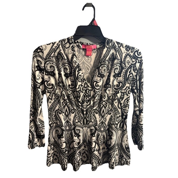 Catherine Catherine Malandrino Tops - Y2K Aesthetic Vintage Retro Style Boho Paisley Surplice Indie Top 3/4 Sleeve